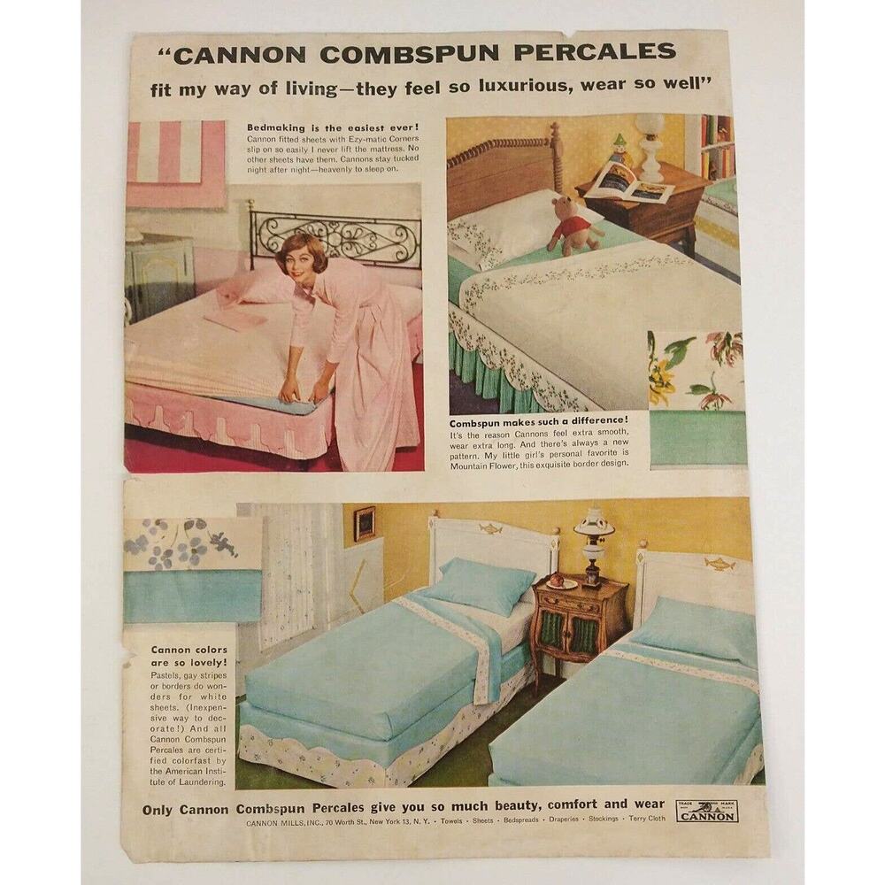 1958 Cannon Combspun Percale Bed Sheets Vtg Magazine Print Ad Pastel Retro Decor